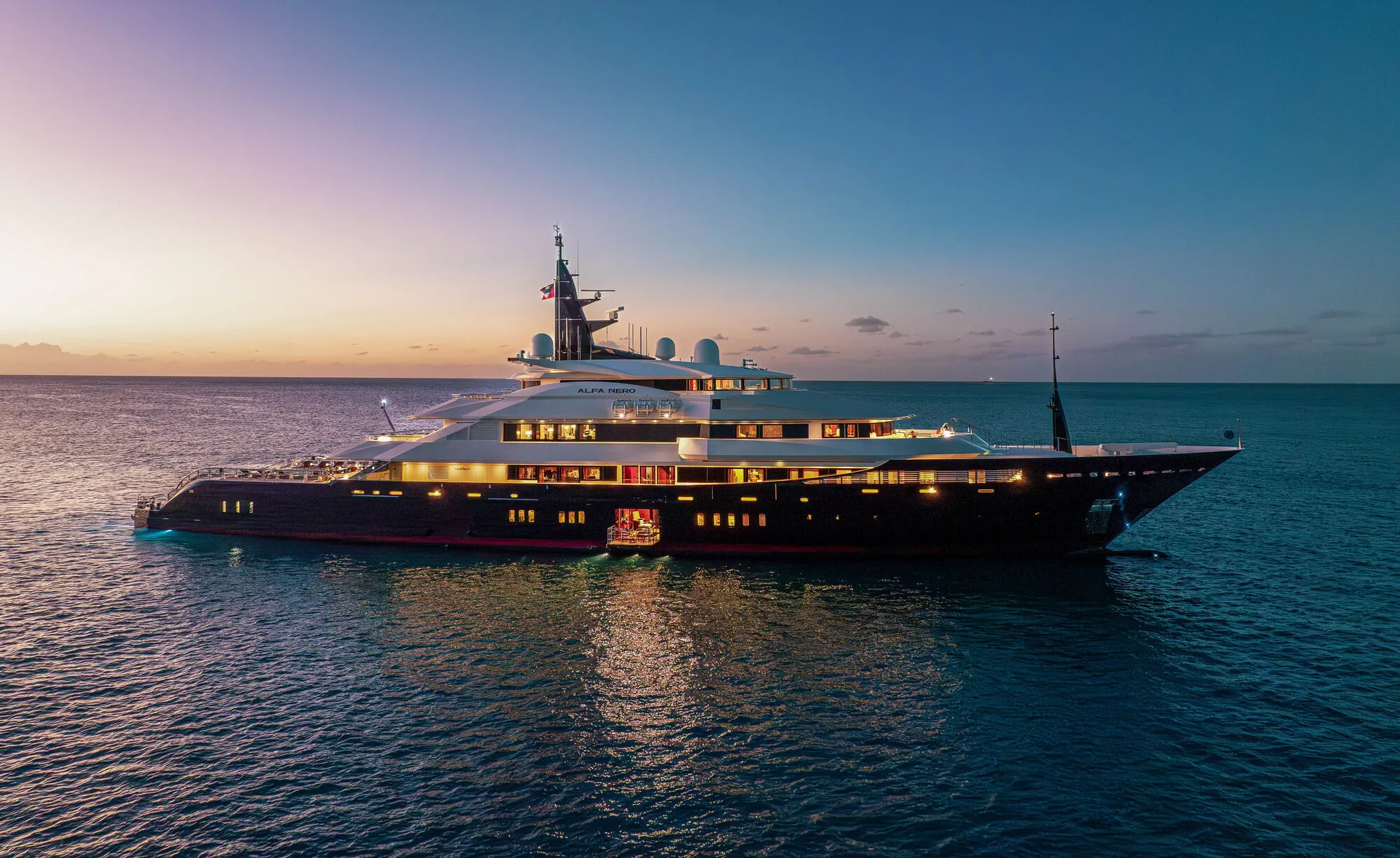 ALFA NERO at dusk on the French Riviera, photographed after her 2024 refit
